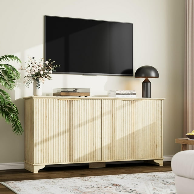 Buffet Bahut Cannelé Yiwa, Armoire de Rangement de 61 Pouces, 4 Portes, Tablettes Ajustables