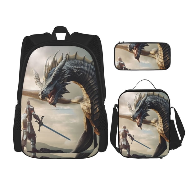 Disketp Swordsman Cool Dragon Mochila Estampada de Gran Capacidad con Lonchera y Estuche, Set de 3 Piezas para Estudiantes