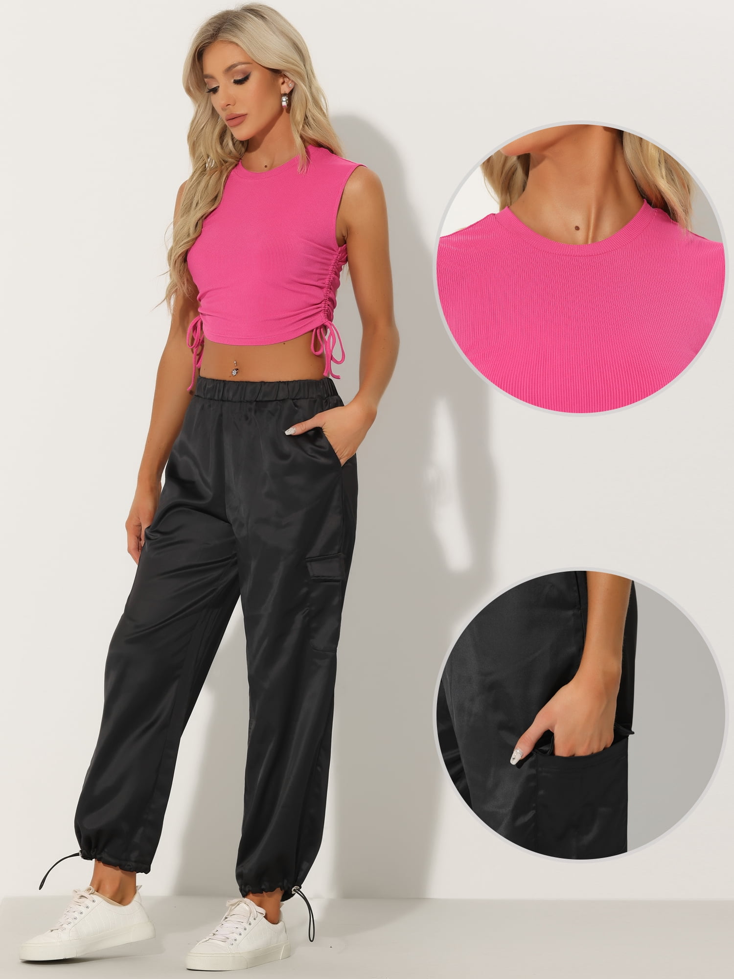 Unique Bargains 2pc Outfits for Women's Sleeveless Tank Top Satin Cargo Pants Tracksuit XL Black Pink