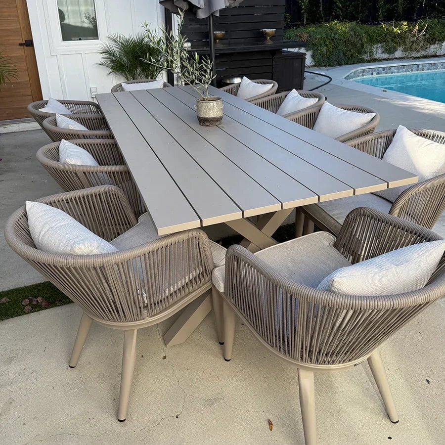 PURPLE LEAF 11 Pieces Patio Dining Set, Rectangular Aluminum Outdoor Table and 10 Wicker Chairs with Cushions for Garden Kitchen and Porch, Champagne