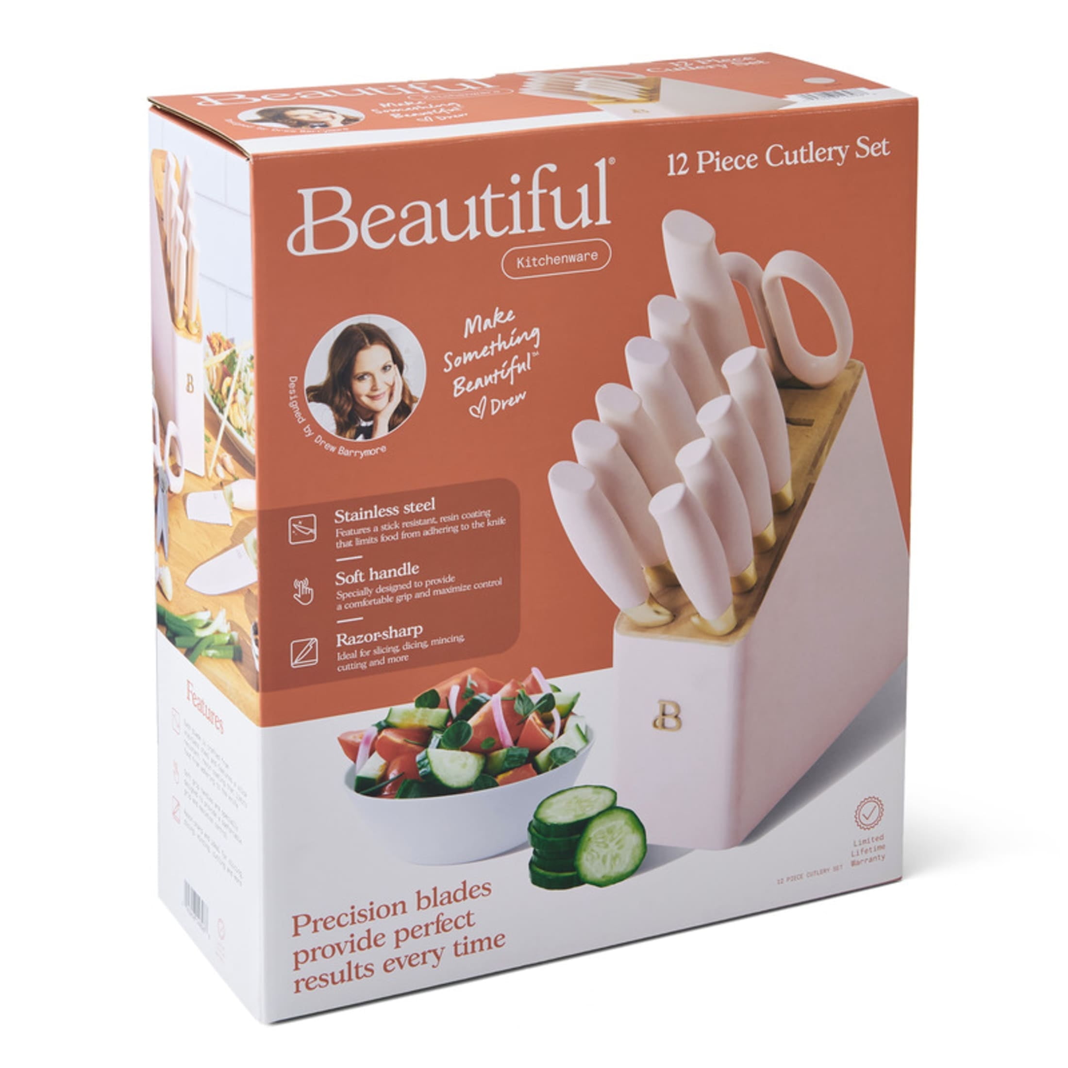 Beautiful 12 Piece Stainless Steel Knife Knife Set Block Soft Grip Handles Rose by Drew Barrymore