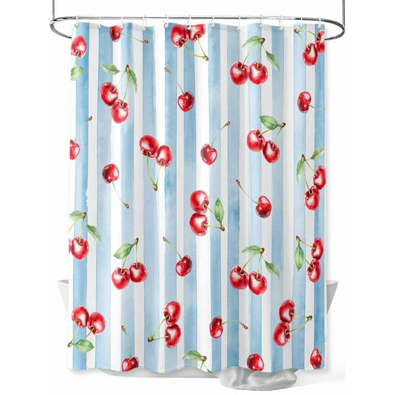 Fsddascl Cherry Farmhouse Shower Curtain Set - 60" x 72" Washable Bathtub Curtain with 12 Hooks, Spring Summer Fruit Blue Striped Waterproof Fabric Stall Shower Curtains for Bathroom/Bathtub Décor