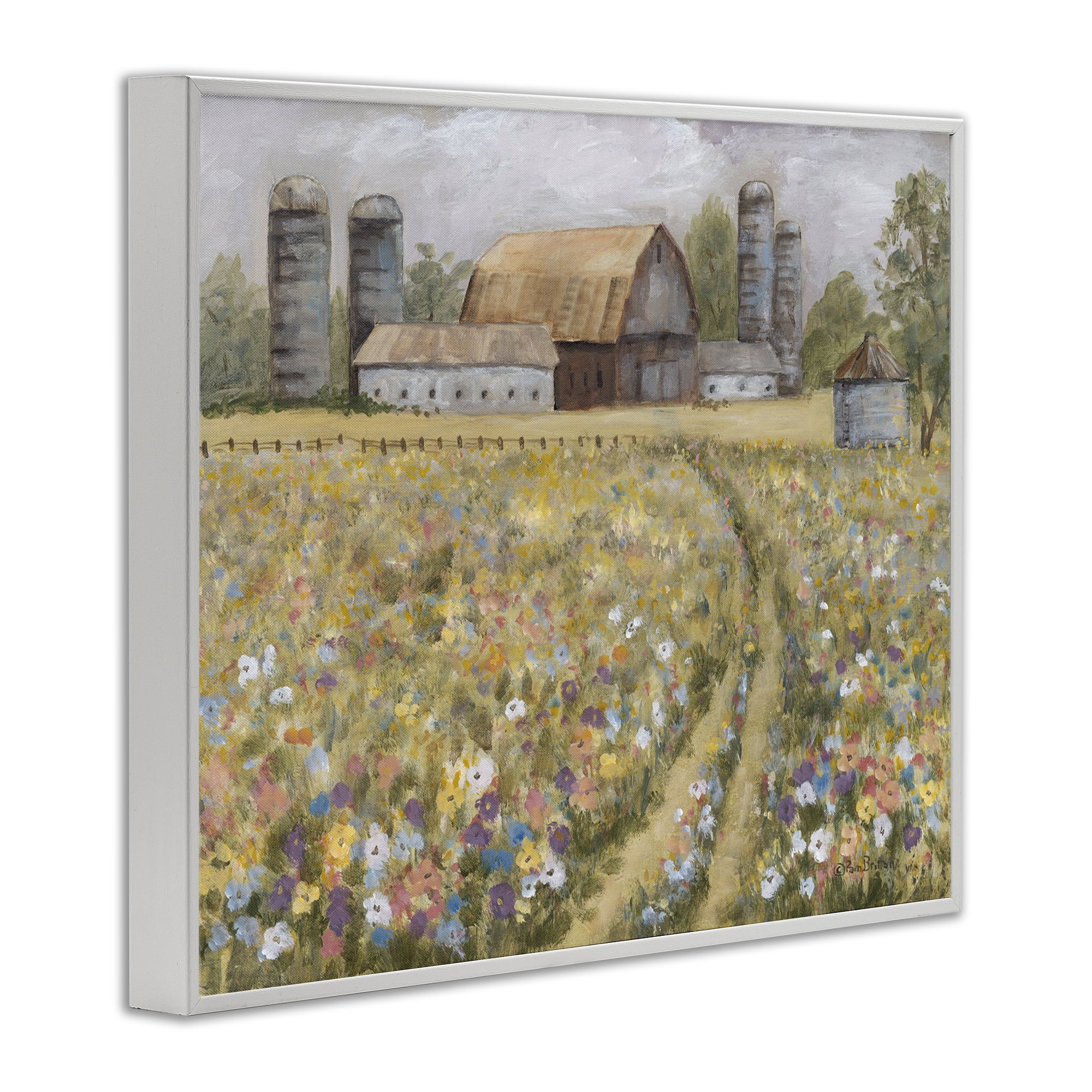 Stupell Industries Meadow Path to Barn Landscape Painting White Framed Art Print Wall Art, 14 x 11