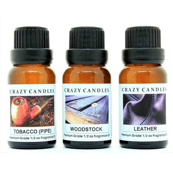 Crazy Candles 3 Bottles Set, Leather, Tobacco (Pipe), Woodstock 1/2 Fl Oz Each (15ml) Premium Grade Scented Fragrance Oils