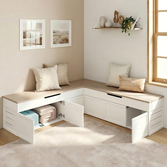 Advwin L-Shaped Corner Storage Bench, Backless Wood Bench with Hidden Storage for Kitchen, Dining Nook, Entryway & Mudroom, No Cushion