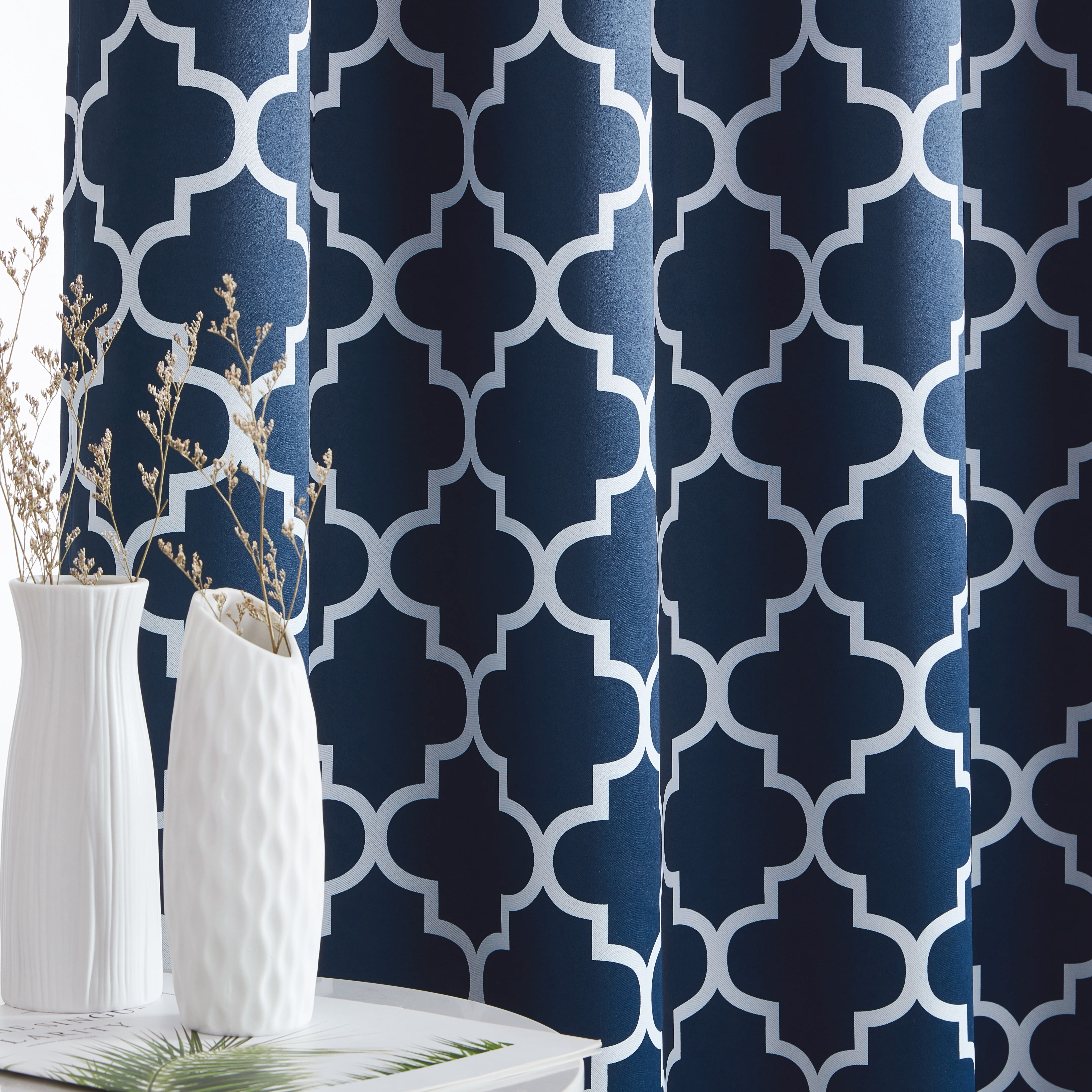 THD Moroccan Trellis Lattice Decorative Blackout Thermal Privacy Room Darkening Grommet Window Drapes Curtain Panels for Bedroom - Set of 2 (Navy Blue, 52 W x 54 L)