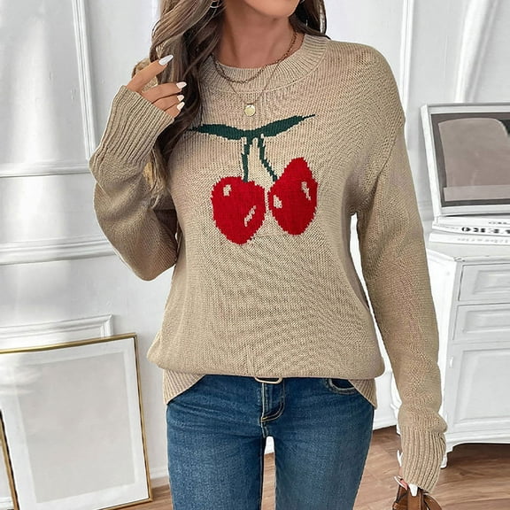 Qetyuw Womens Fruit Print Sweater Knitted Drop Shoulder Long Sleeve Crew Neck Pullover Jumper Casual Chunky Sweaters