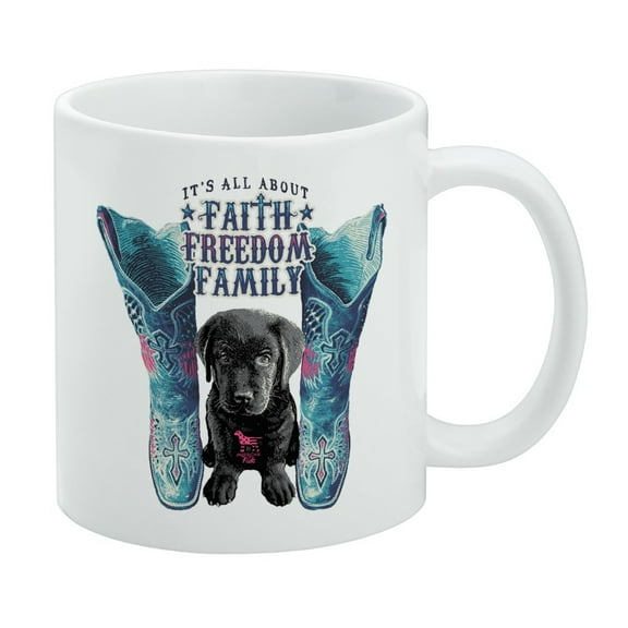 It's All About Faith Freedom Family Boots Dog White Mug