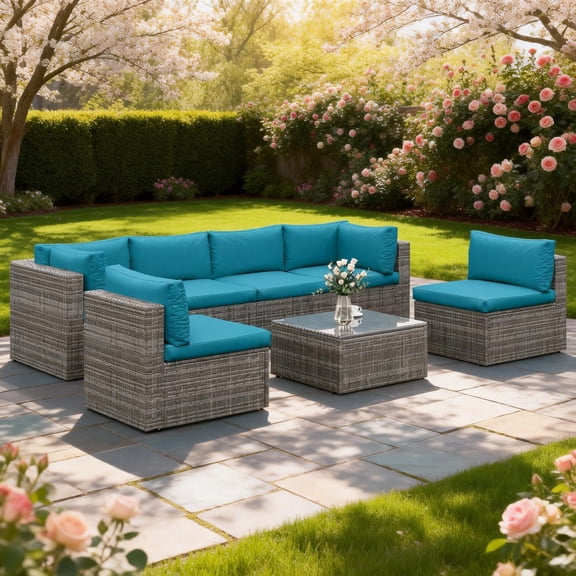 CozyHom 7-Piece Modular Patio Furniture Set, Wicker Outdoor Sectional Sofa with Cushions and Coffee Table, All Weather Patio Conversation Sets for Porch Balcony Backyard,Light Blue