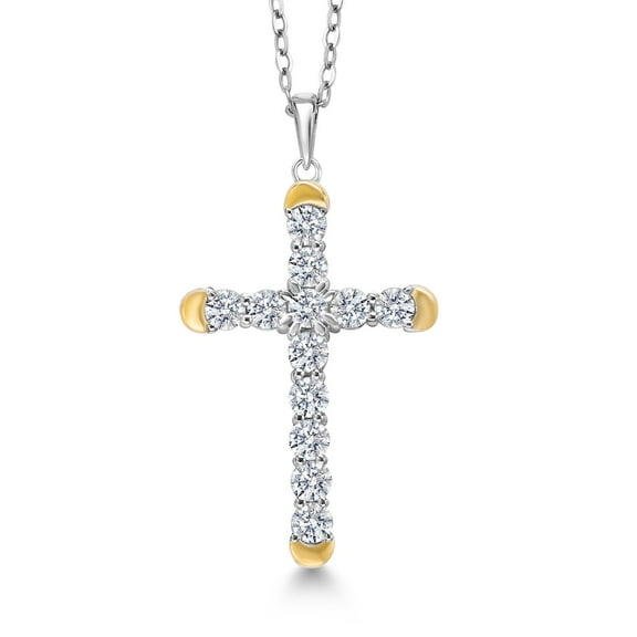Gem Stone King 1.20 Cttw Lab Grown Diamond Religious Cross Pendant Necklaces for Women | 925 Silver and 10K Yellow Gold | F-G Color | VVS-VS Clarity | 30X19MM | With 18 inch Chain