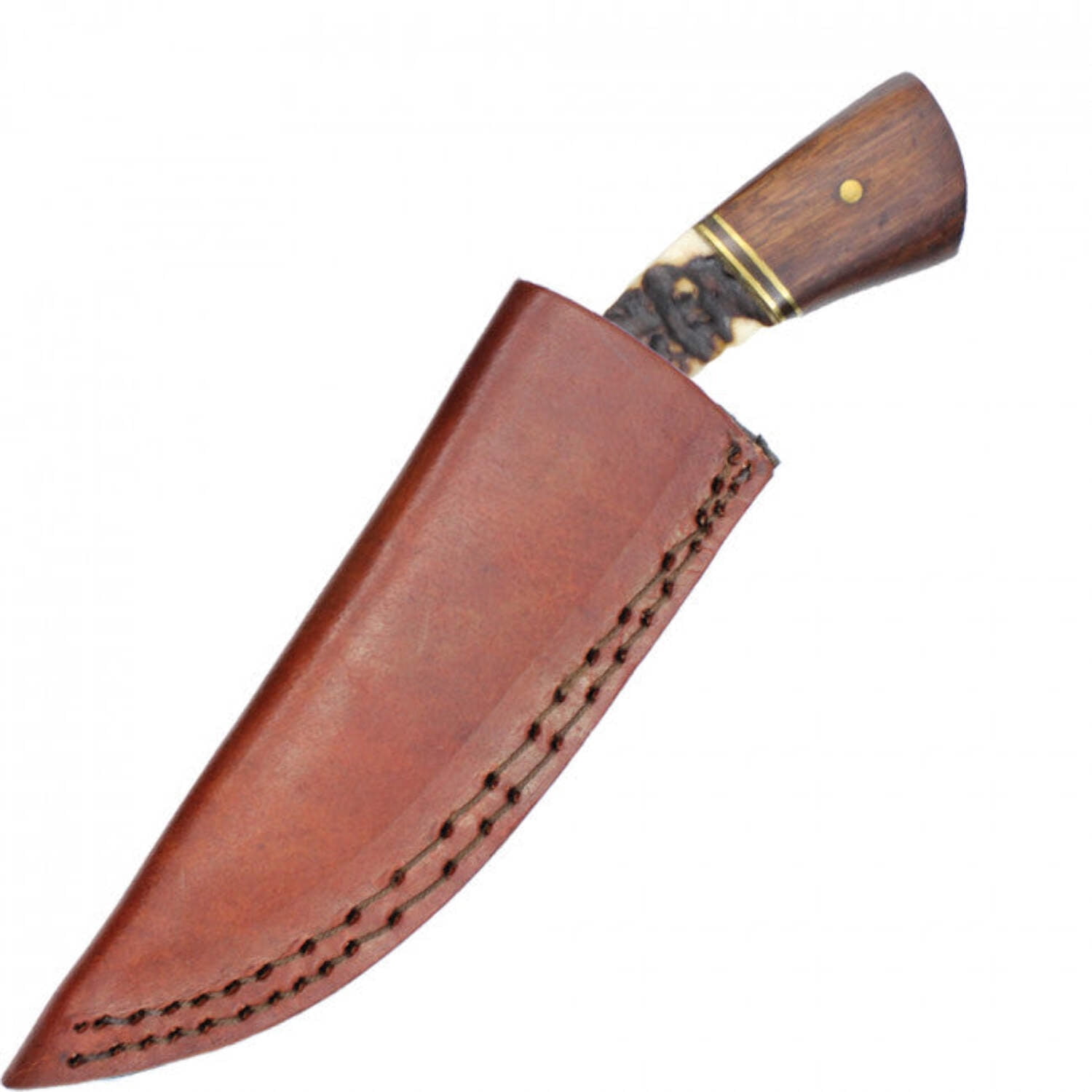 SANZ 7 Inch Fixed Blade Damascus Knife With Stag And Wood Handle Brass Pins Leather Sheath Outdoor Hunting Utility Knife