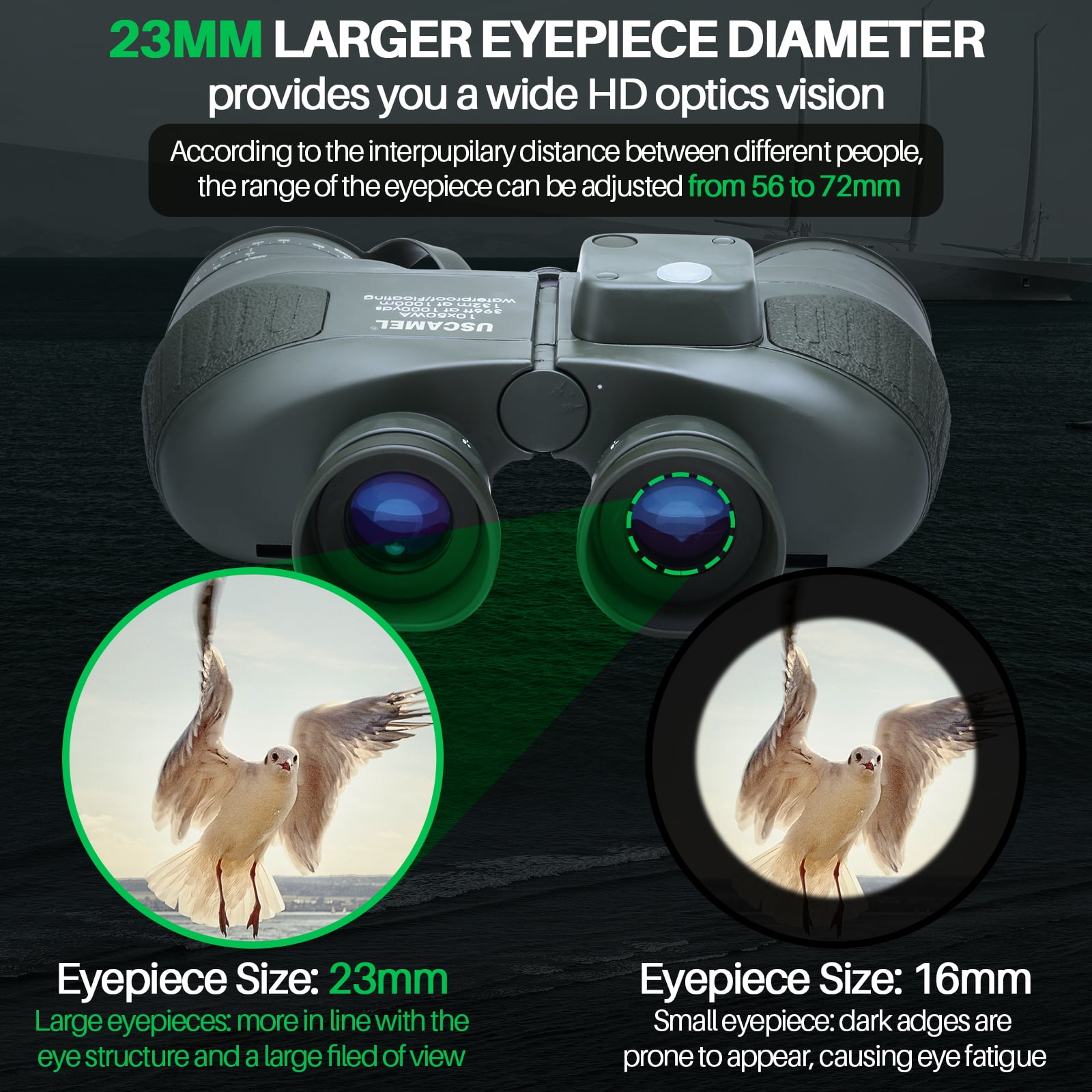 USCAMEL 10X50 Marine Binoculars for Adults, Binoculars with Low Light Vision Rangefinder Compass, BAK4 Waterproof Military Binoculars for Boating Hunting, Gift for Him