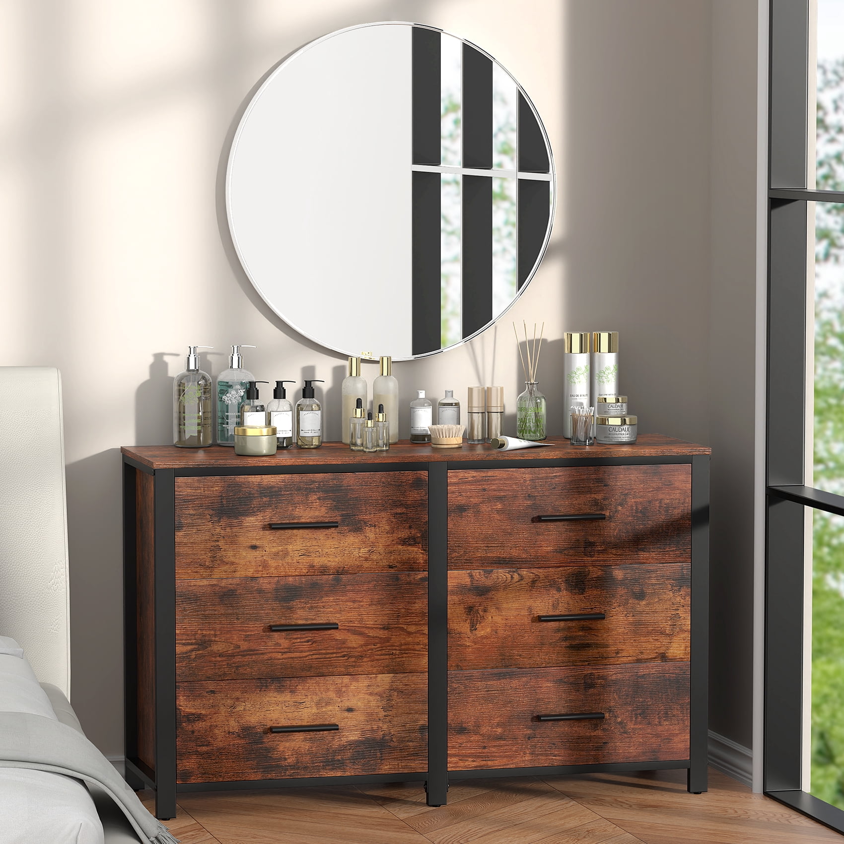 Winkalon Double Dresser with 6 Drawers,Large Chest of Drawers Storage Cabinet for Bedroom Living Room,Brown