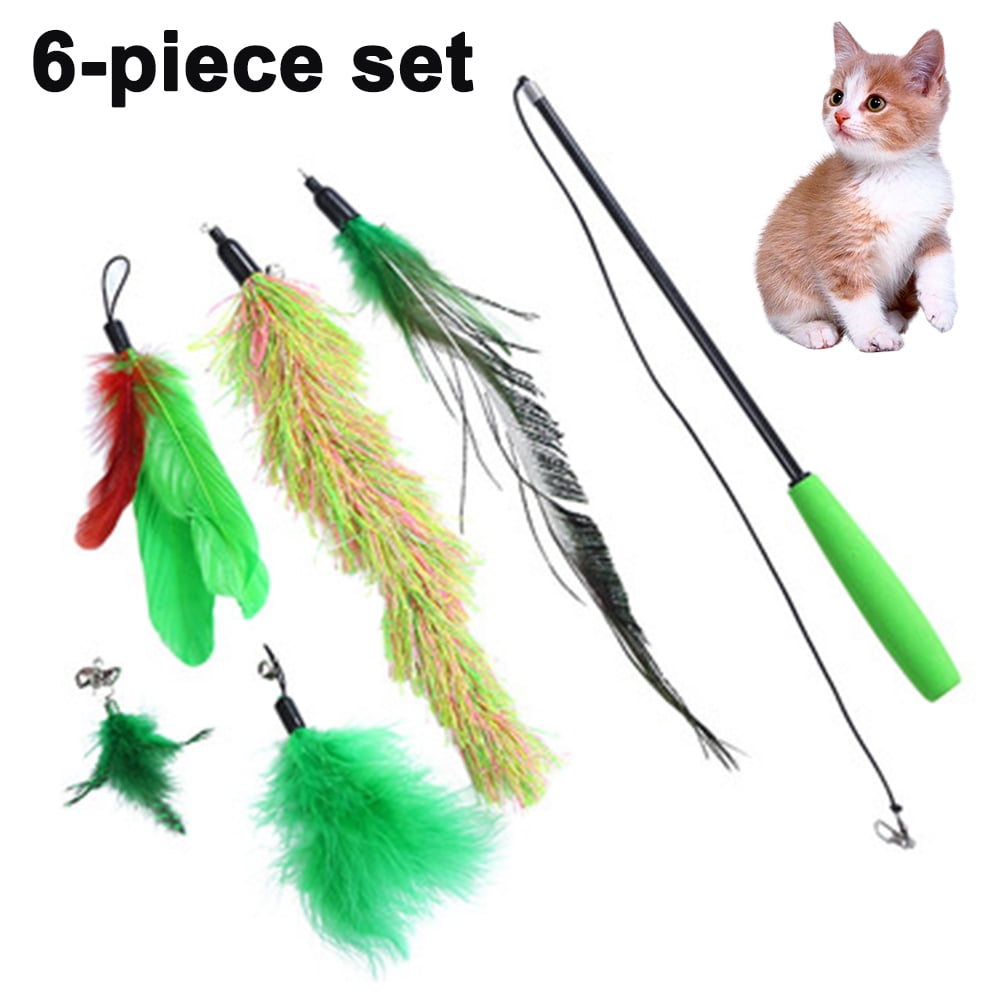 Kitten Cat Pet Toy Chaser Wand Teaser Feather& 3 Interchangeable Attachment 