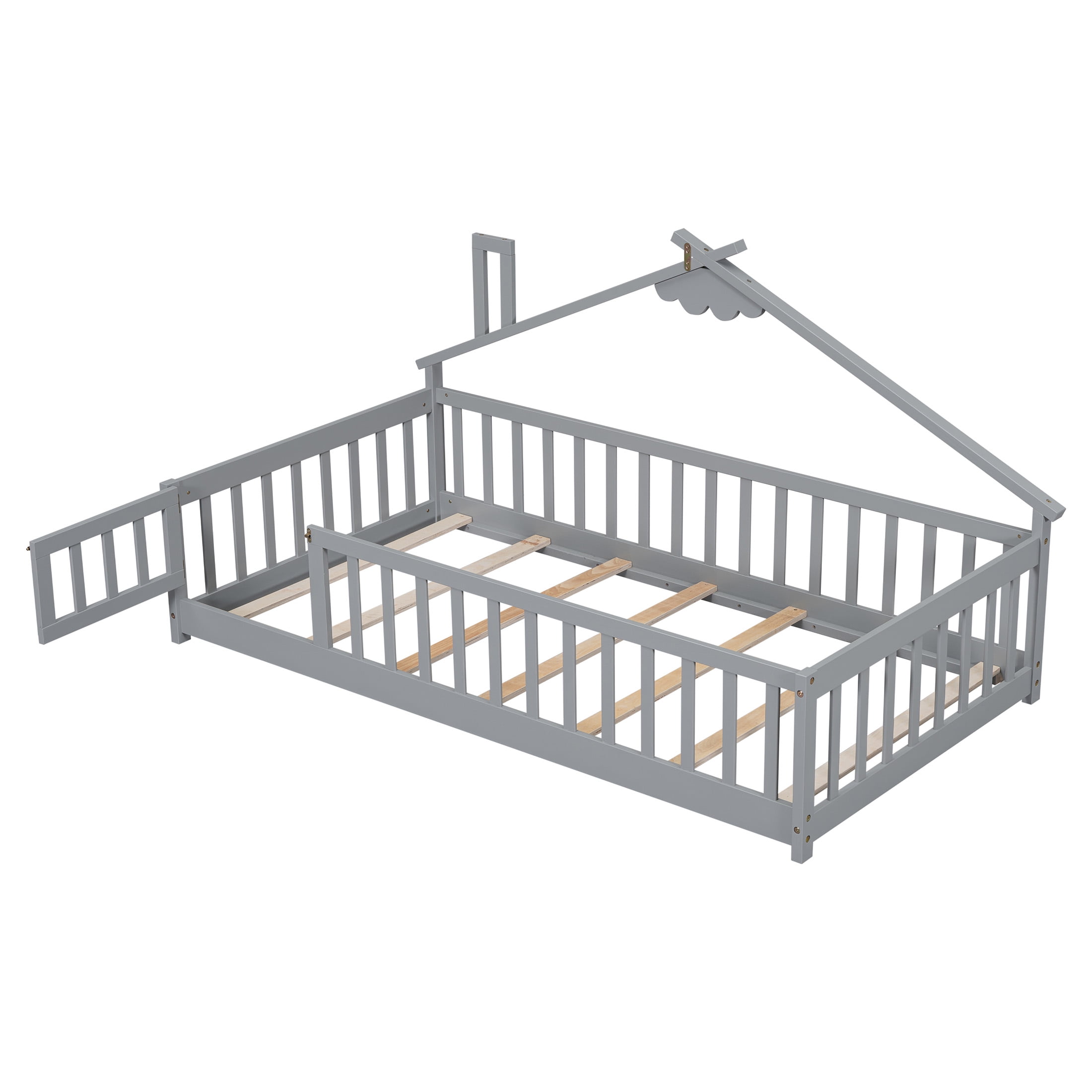 Aukfa Twin Bed Frame, House-Shaped Bedside Floor Bed with Full Length Guardrail Door, Gary
