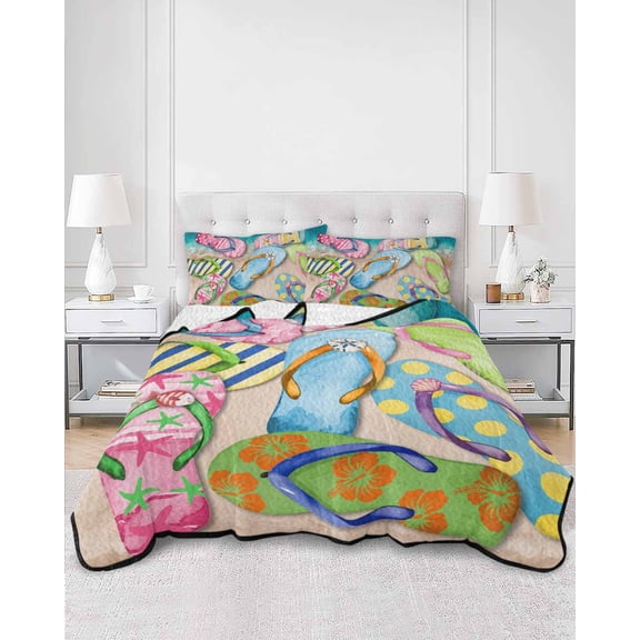 Quilts Queen Size, Colorful Flip Flops Soft Comforter Bedding Set for Bed, Summer Blue Beach Ocean Lightweight Quilted Bedspread with Pillow Cover(2 Pieces) for All Season, 90x96 Inch