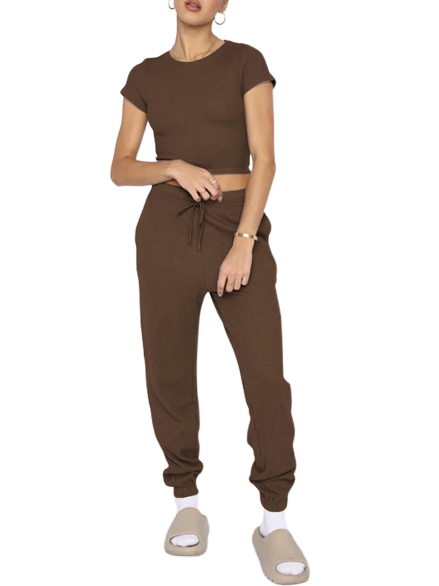 Cindysus Women Two Piece Outfit Cropped Top And Pant Jogger Set Short Sleeve Tracksuit Suit