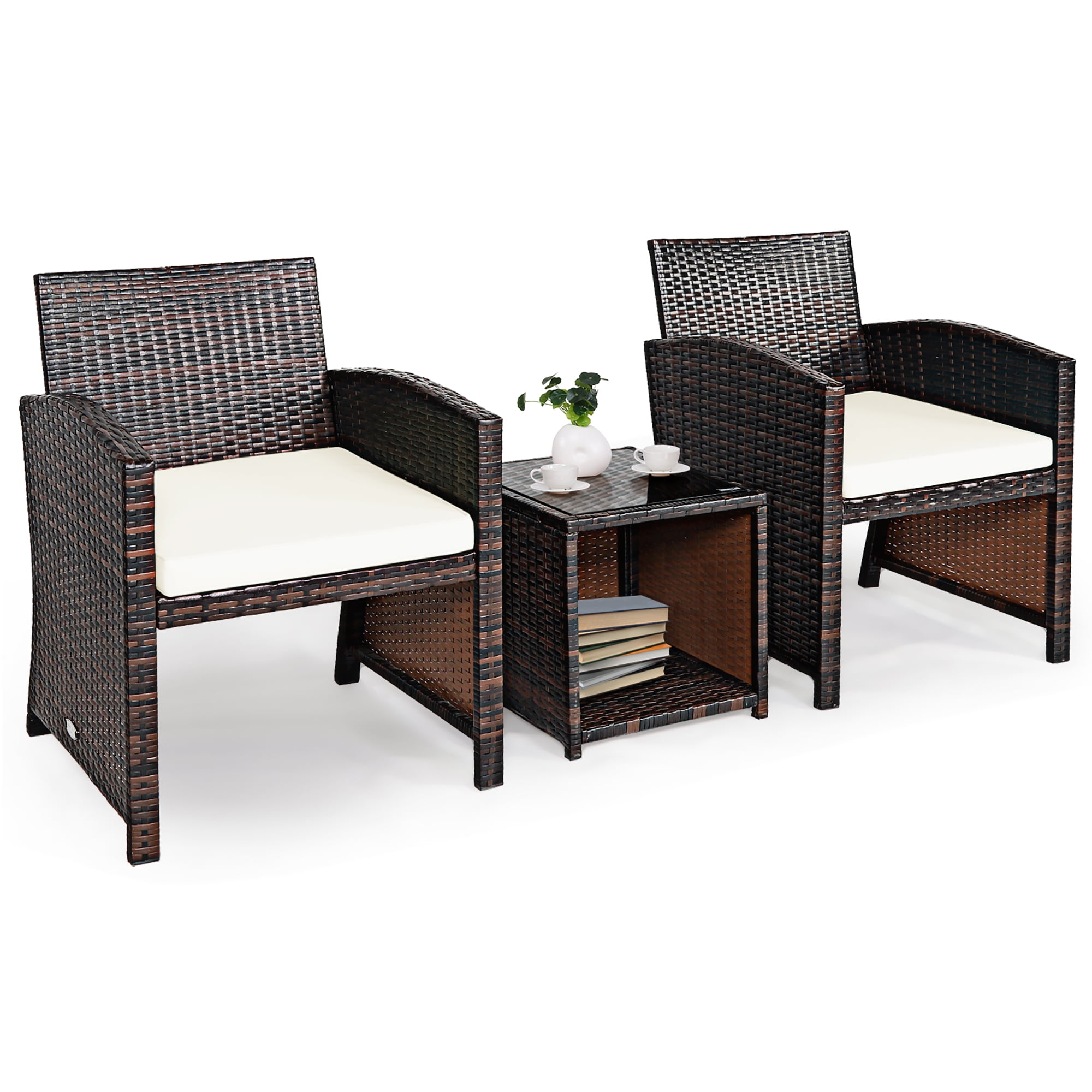 Costway 3PCS Patio Rattan Wicker Furniture Cushion Sofa Coffee Table White