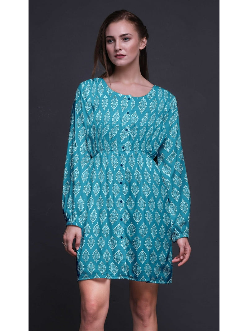 midi blue damask dress Bimba Blue Stencil Damask Printed Relaxed Fit Women Long Sleeve Button Down Midi Dress-XXX-Large