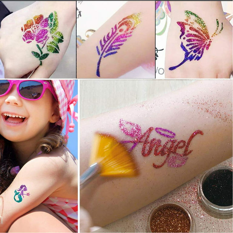 EUBUY Glitter Temporary Tattoo Kit for Kids 24 Body Glitters Powder  Waterproof Body Flash Tattoos Set for Kids and Adults 