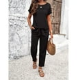 thumbnail image 5 of Women's Linen Pant Set 2 Piece Summer Tie Waist Matching Outfit Crochet Short Sleeve Shirt Pants Suits Casual Soft Fashion Straight Leg Black Small, 5 of 5