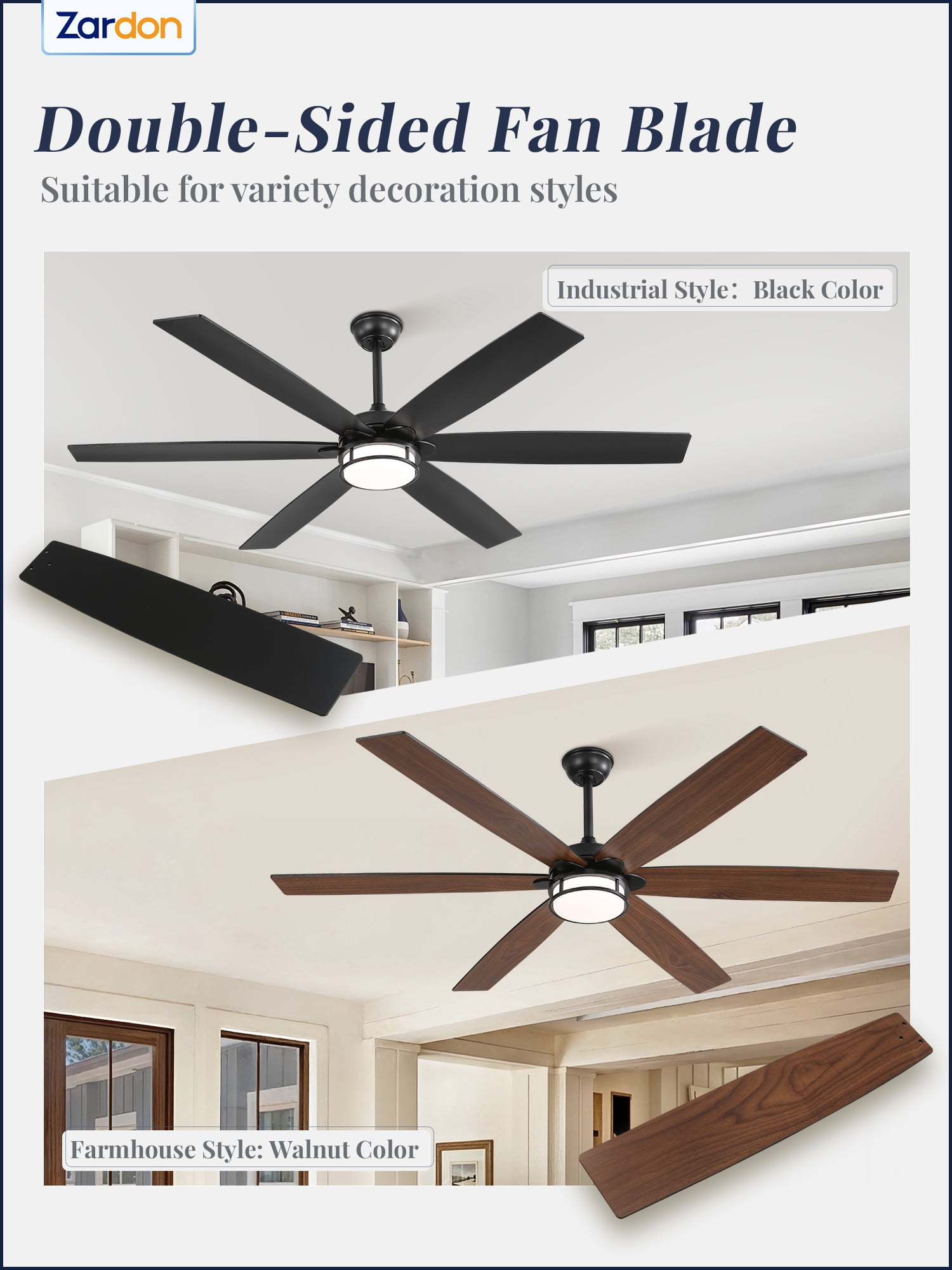 Zardon 65in Ceiling Fans with Light and Remote Control, Large Farmhouse Ceiling Fans with Reversible 6-Speed for Indoor, Black
