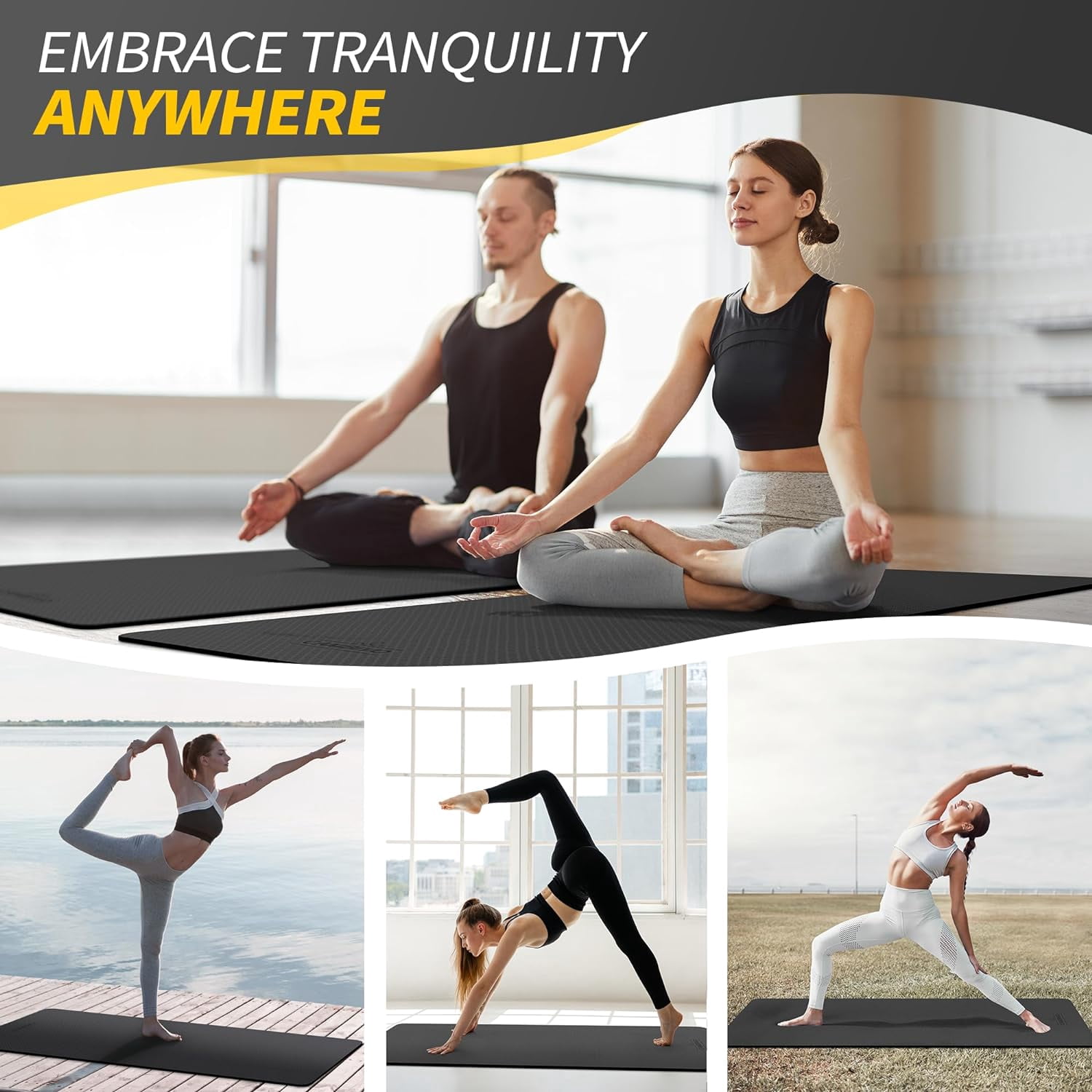 CAMBIVO Yoga Mat, 6mm Thick Eco Friendly TPE Workout Mat with Carrying Strap for Fitness, Gym and Floor Exercises, 72" x 24", Black