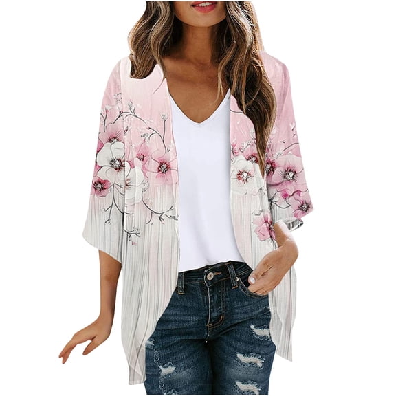 Yievot Womens Open Front Cardigan Floral Print 3/4 Sleeve Chiffon Cardigans Lightweight Breathable Casual Tops