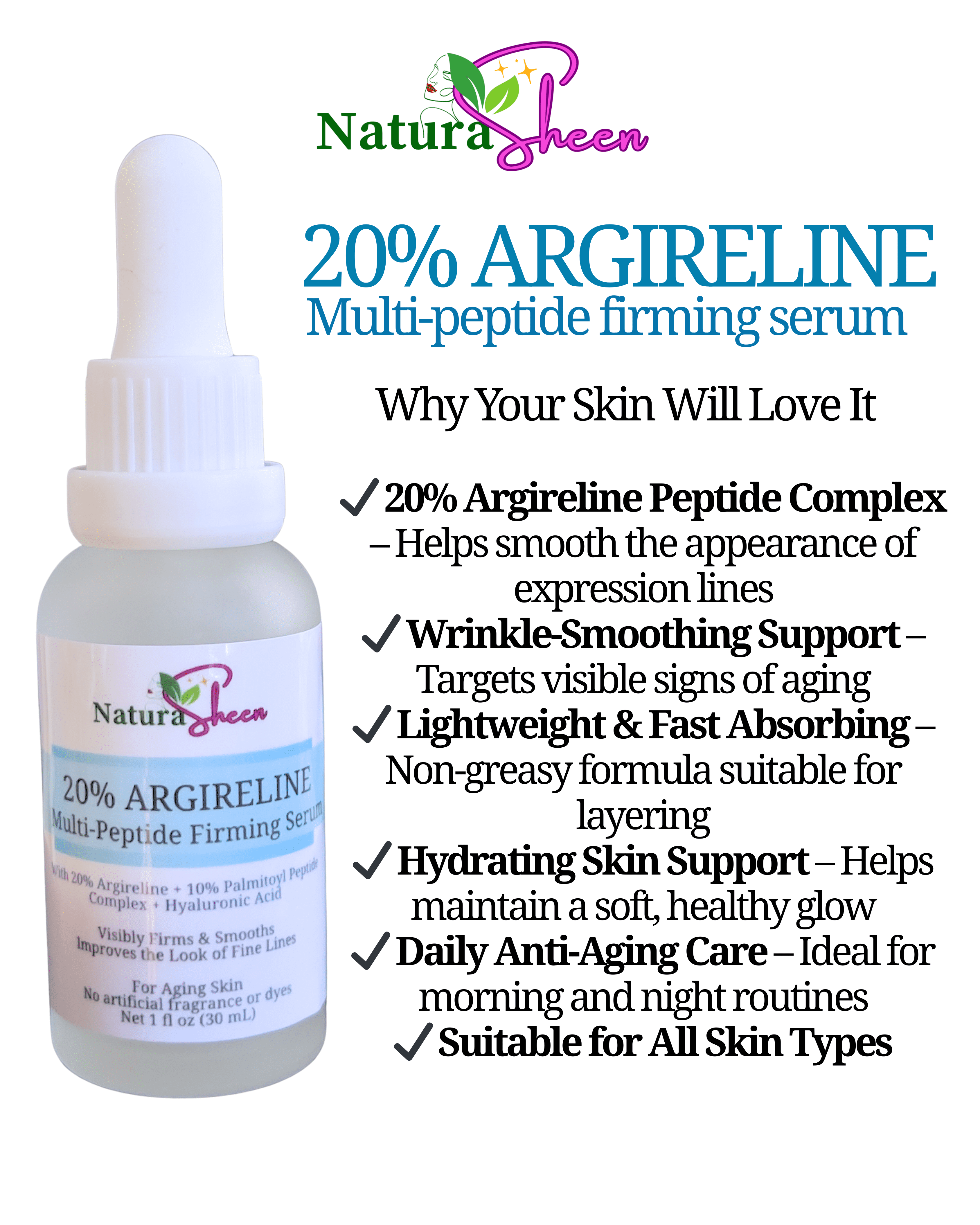 20% ArgiReline + 10% Multi-Peptides Matrixyl 3000 + 100% Strength Hyaluronic Acid  Serum for Skincare - Serums Clear No Fragrance Lightweight Moisturizer