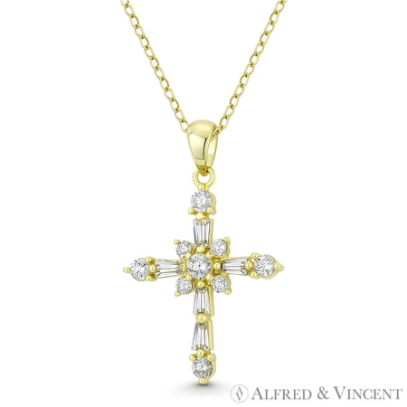 Rosicrucian Rose Cross Cubic Zirconia CZ Crystal Pave 29x19mm (1.1x0.75in) Christian Pendant & Chain Necklace in .925 Sterling Silver w/ 14k Yellow Gold