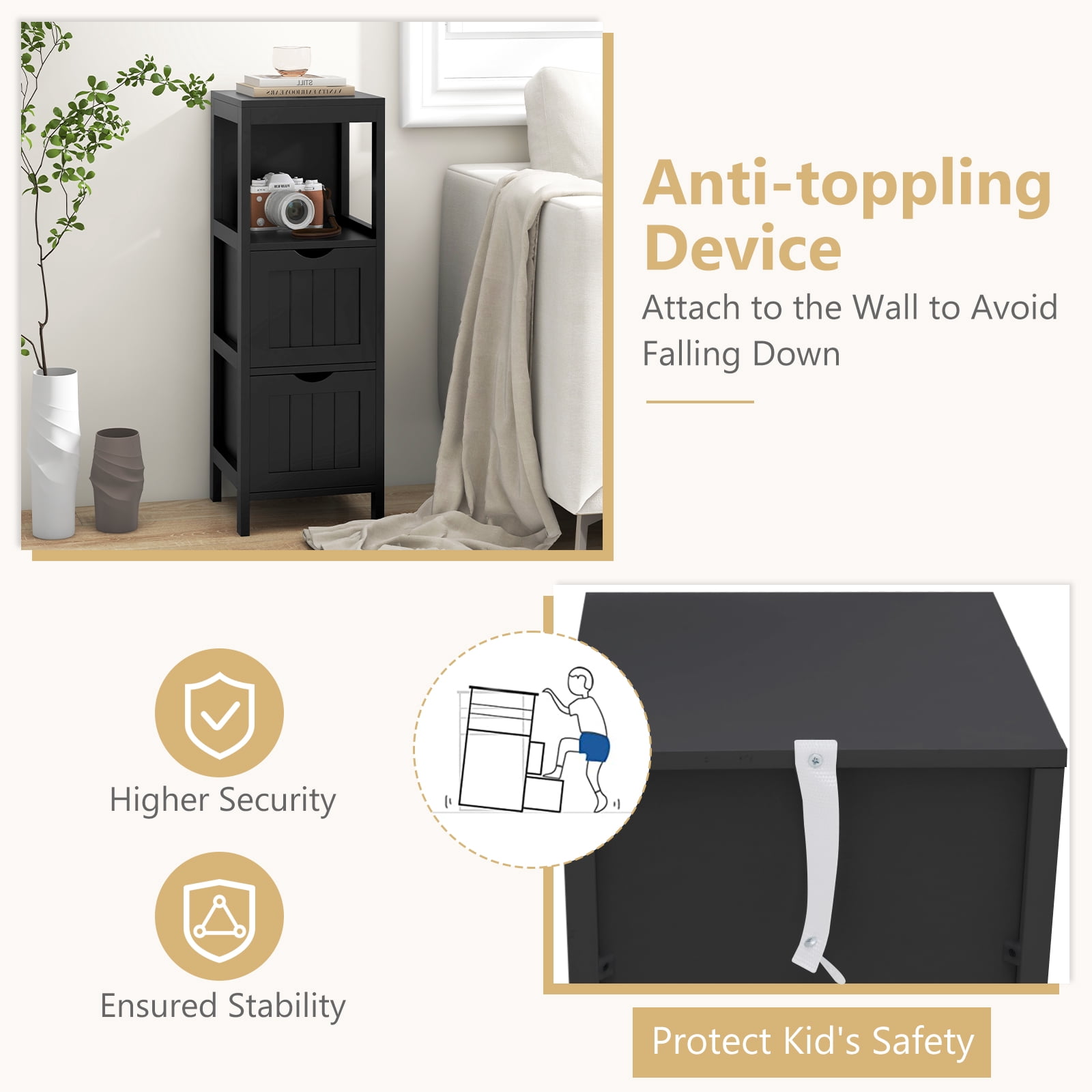 Giantex Narrow Storage Bathroom Cabinet, Freestanding Floor Cabinet w/2 Removable Drawers, Black