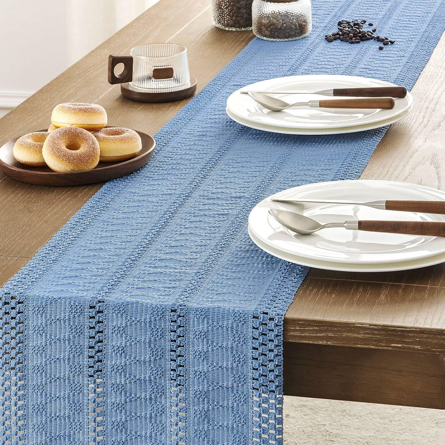 Boho Table Runner, Macrame Style Ivory Table Runners Farmhouse Woven Home Decor, 12x90 Inch, Blue