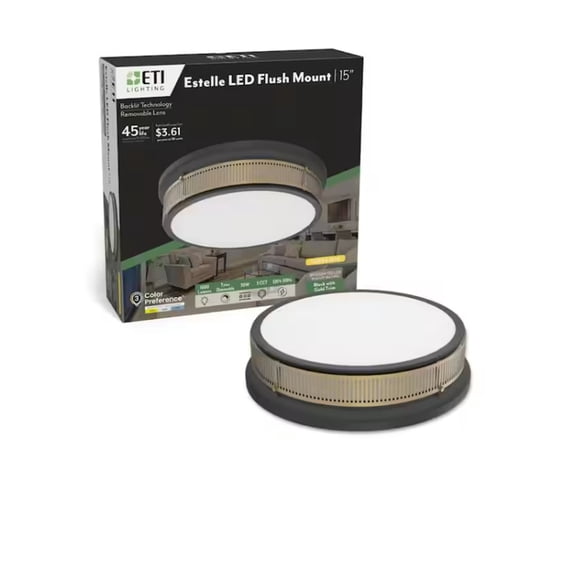 ETI 15” Estelle Flush Mount, Black Finish with Gold Trim, 1600 Lumens, 3CCT Color Preference, Dimmable, C01184401A