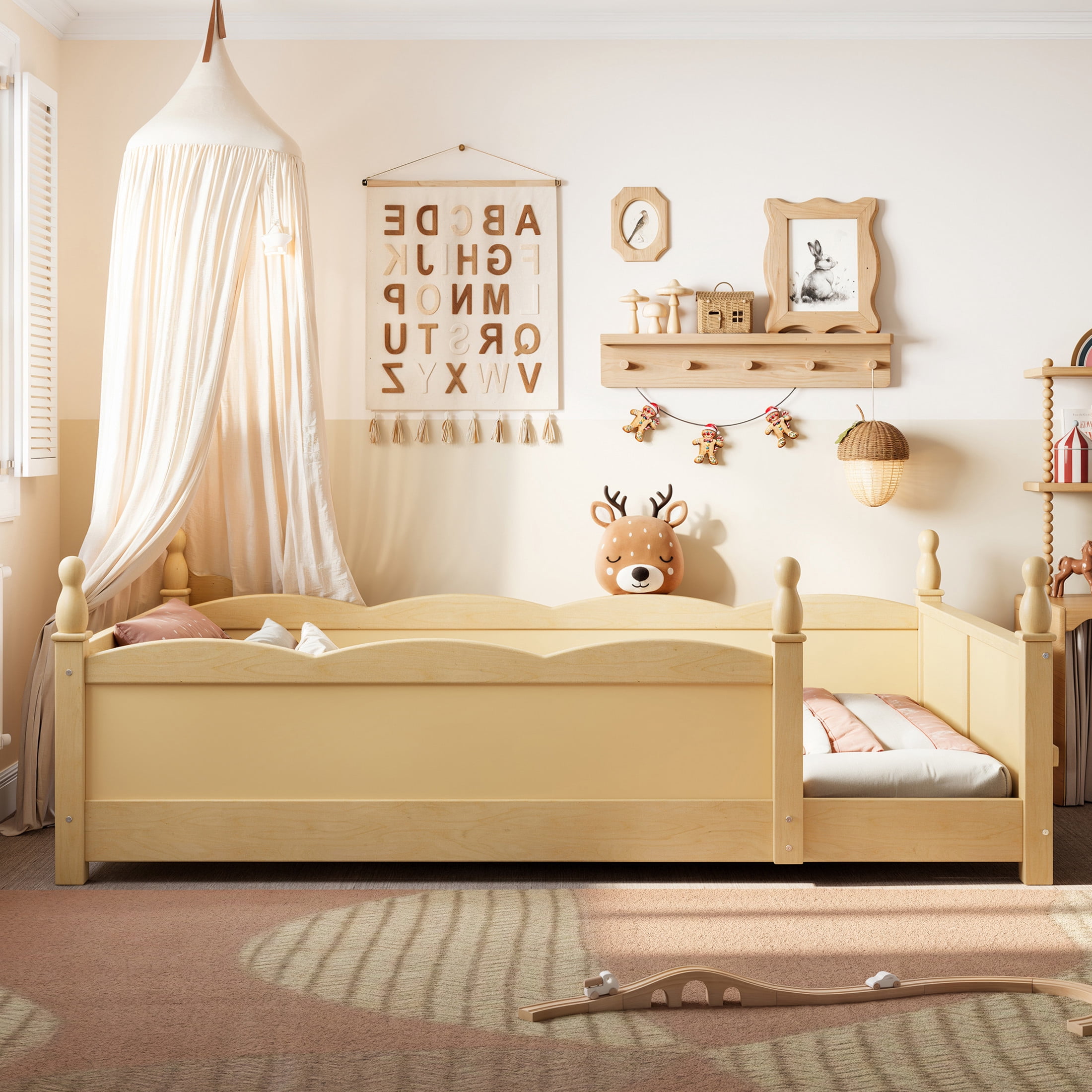 GDF Studio Twin Size Montessori Floor Bed with Guardrails & Side Bookshelf, Childlike Design, Natural