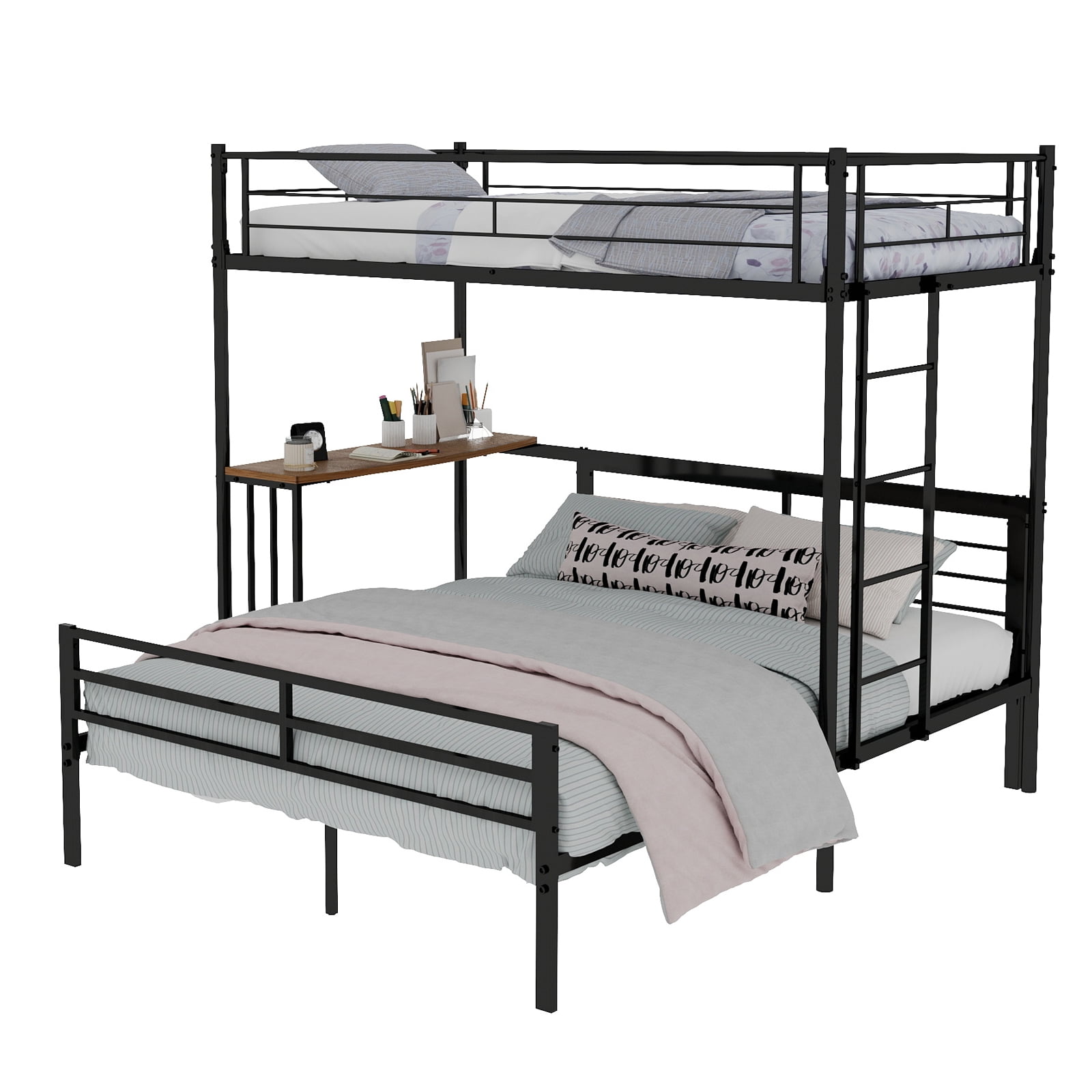 Mintazer Twin Over Full Metal Bunk Bed with Desk, Bunk Bed Frame with Guardrails and Ladder for Bedroom Dorm Apartment, Black