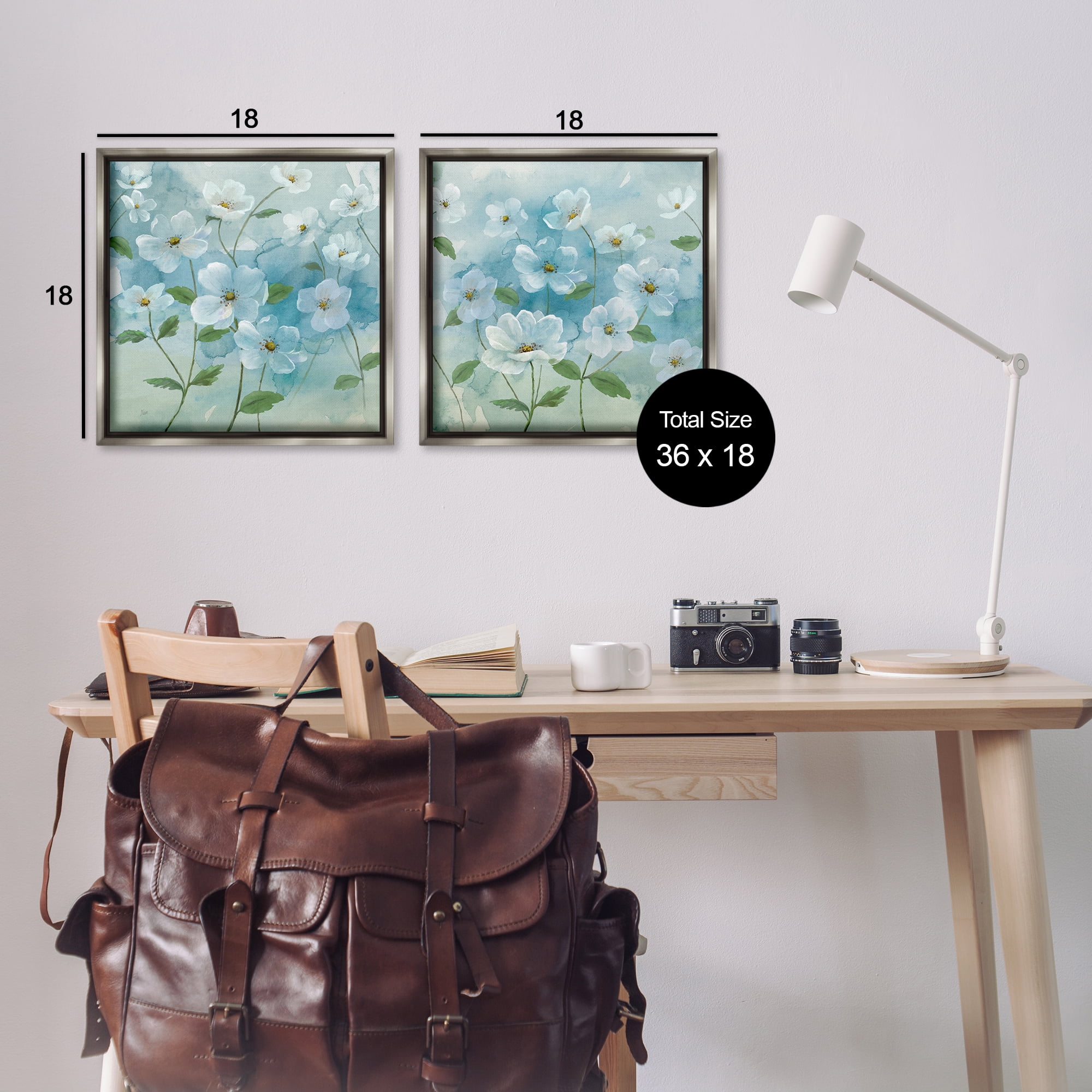 Stupell Industries Blue & White Apple Blossoms Plants & Flowers Painting Gray Floater Framed Canvas Art Print Wall Art, 18 x 18, Set of 2