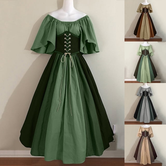 CFLVAEK Robe Renaissance Femme Vintage Médiévale Corset Manches Évasées Robes Victoriennes Grande Taille Robes de Vacances Gris Foncé L