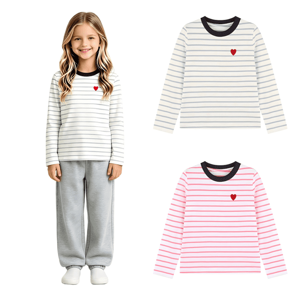 Wilark Girls Long Sleeve T Shirts Size 8, Crew Neck Basic Pullover Striped Kids Fall Tops Gray