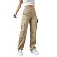 thumbnail image 4 of TEAJOPSUU Women's Twill Cargo Pants Wide Leg Elastic High Waisted Pants with Pockets Casual Tummy Control Trousers for Outdoor Hiking Travel Everyday A-Khaki, 4 of 9