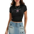 thumbnail image 5 of Biezeib Women's Cap Sleeve Tops Casual Tight Fitted Round Neck Letter Bow Print T-Shirt Tops for Summer, 5 of 6
