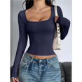 thumbnail image 4 of Camisas de Larga para Mujer, Tops Cortos, Cuello Cuadrado, Camisetas Básicas para Salir, Ropa de Invierno Y2K 2025 Azul Marino S, 4 of 7