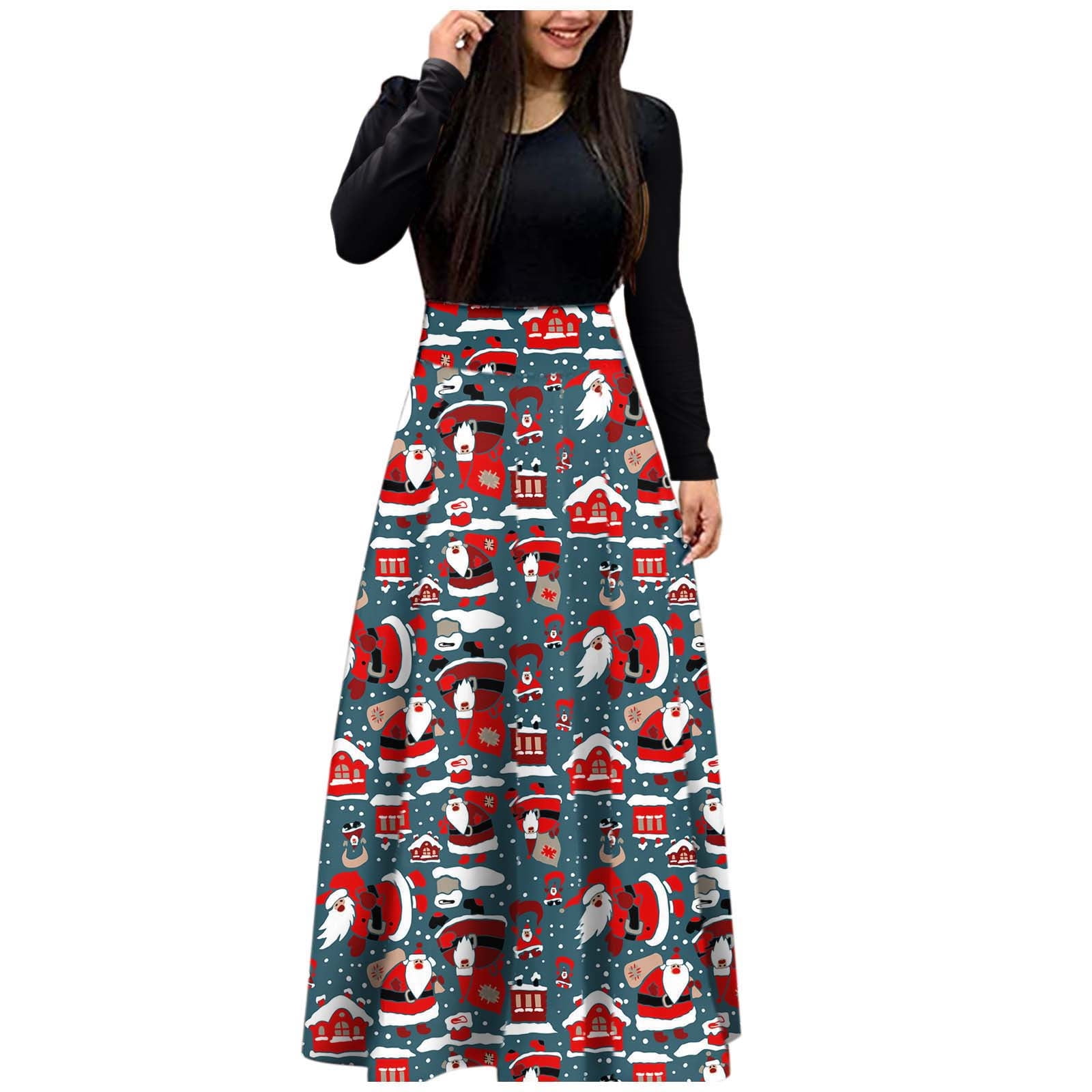 Winter Fall Dresses For Women Wedding Guest Long Sleeve Christmas Print Maxi Dress Long Maxi Dress Ladies Casual Dress Walmart Com