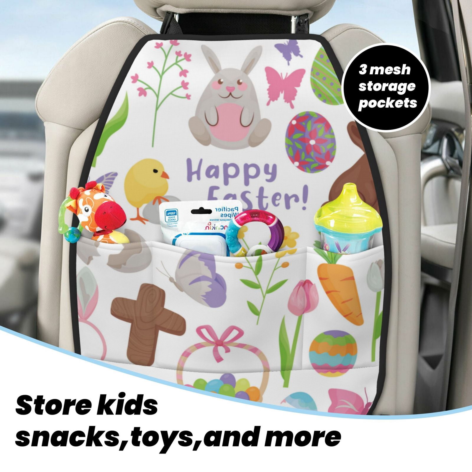 Kdxio Happy Easter1 Print 2 Pack Car Kick Mat Seat Cover Back Protector Mat with Pockets for Organizer Backseat Protector and Storage Anti Kick Pad for Vehicles