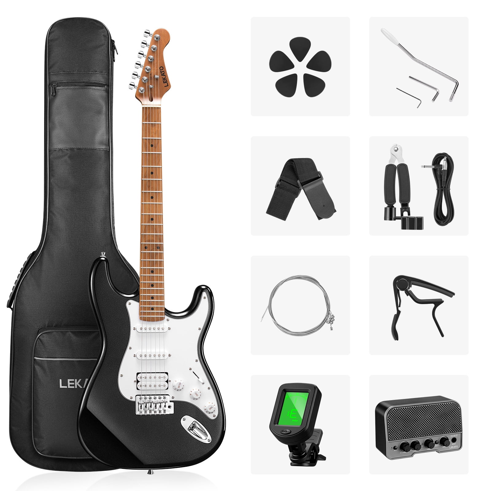 LEKATO Electric Guitar Kit Beginner 39 Inch Full Size Solid Body Guitar HSS for Starter Roasted Maple Neck Fretboard Stainless Steel Frets, 5W Mini Amp, Bag, Tuner, Capo, Strap, String, Picks