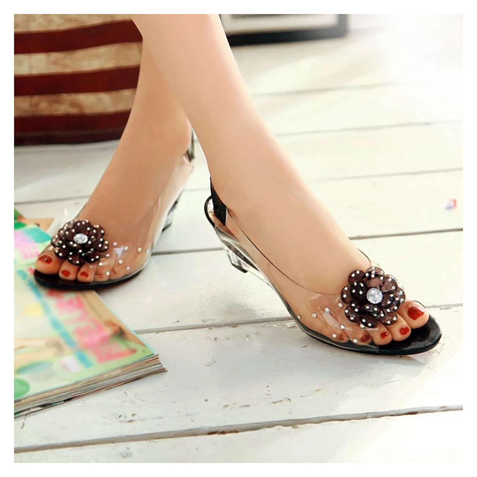 CAROOTU Studded Flower Design Transparent Sandals See-Through Rhinestone Wedge Heel Sandals Lady's Casual
