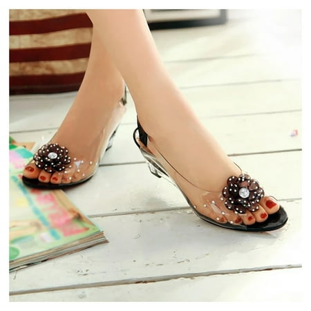 

Studded Flower Design Transparent Sandals See-Through Rhinestone Wedge Heel Sandals Lady\ s Casual Shoes
