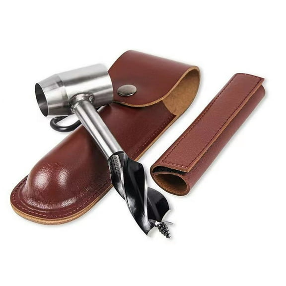 Gear for Survival Settlers Hand Auger Wrench with Wood Drill Peg and Manual Hole Maker Multitool with leather Case Camping brown