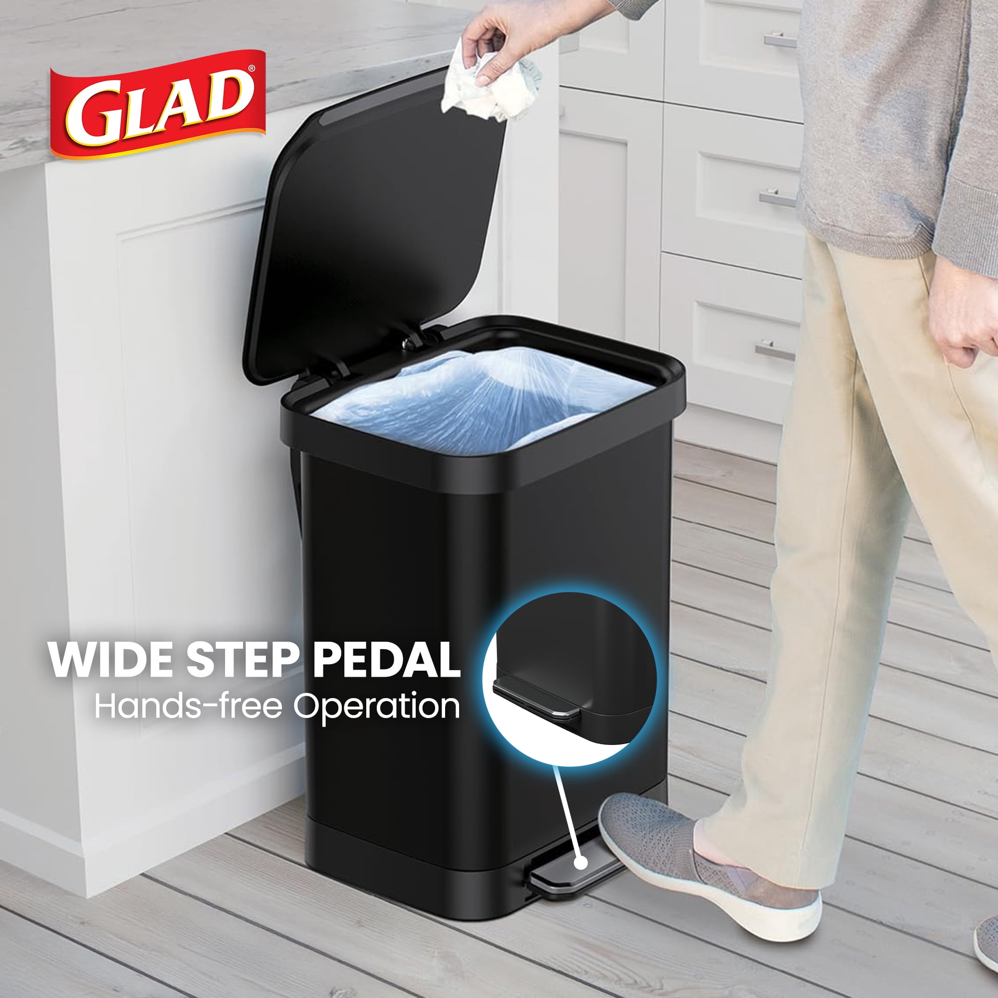 Glad Step Trash Can, Series 2 Soft Close Garbage Bin with Odor Protection, 13 Gal, Black