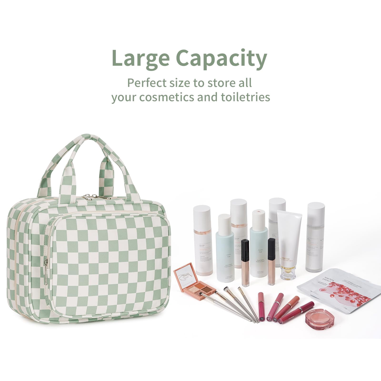 Checkerboard Hanging Travel Toiletry Bag with Hook, Makeup Bags for Women Cosmetic Organizer Toiletries for Brush Shampoo Travel Essentials, Green