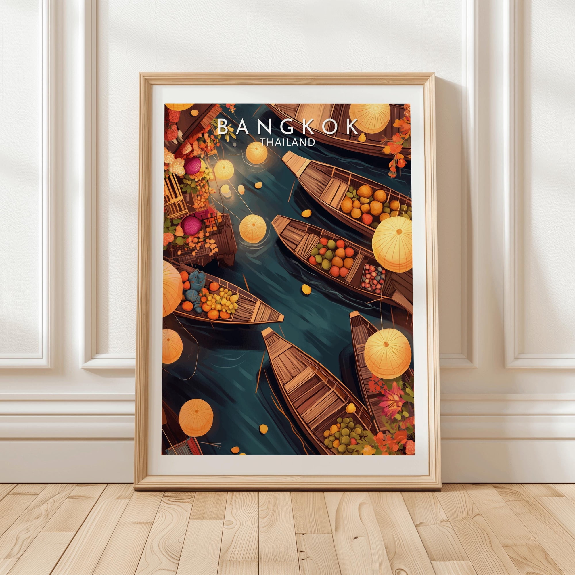 Bangkok Thailand Floating Market Featuring Lanterns And Fruit Boats For Vibrant Southeast Asia Travel Poster , Poster Print Only